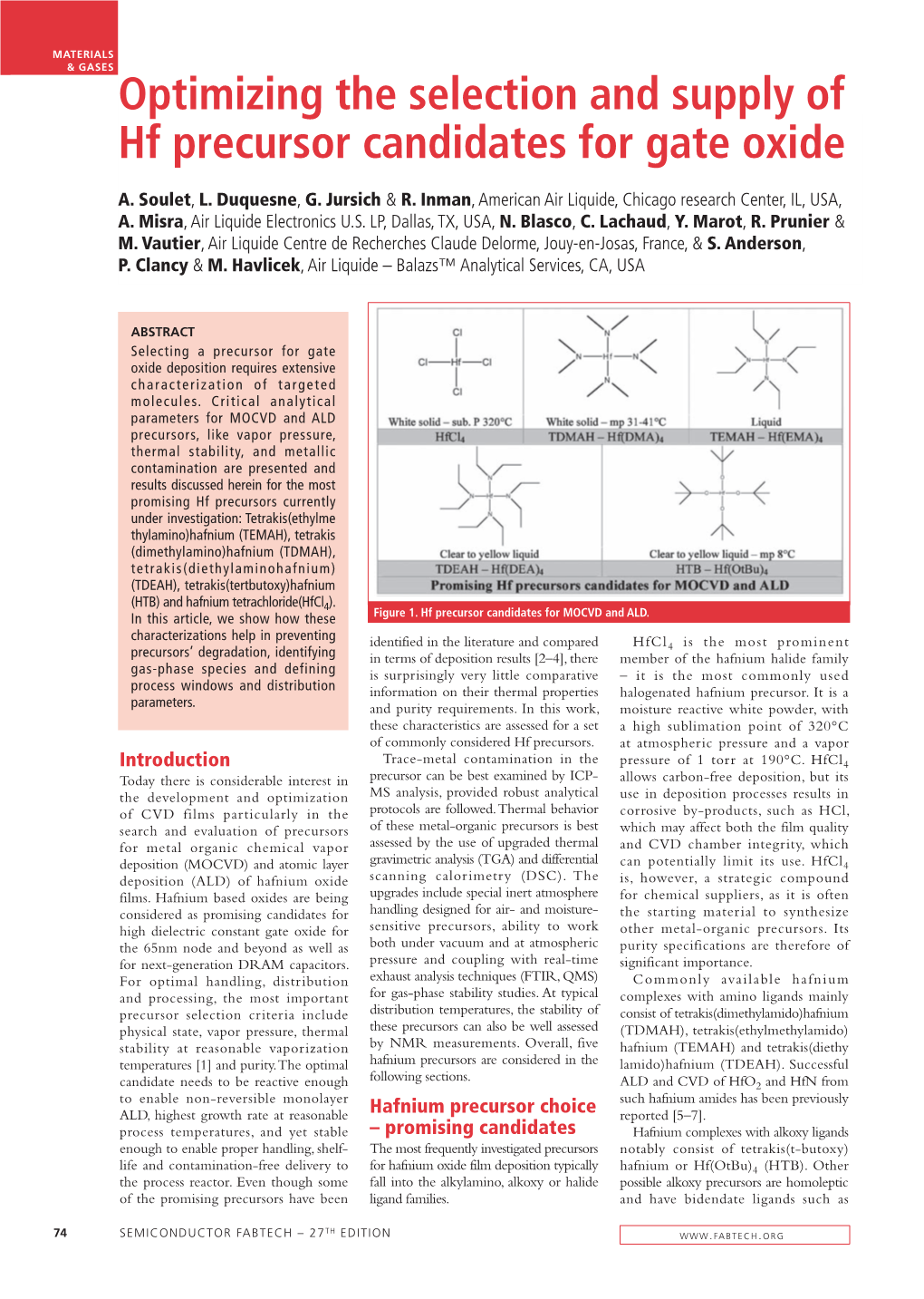 Optimizing the Selection and Supply of Hf Precursor Candidates for Gate Oxide