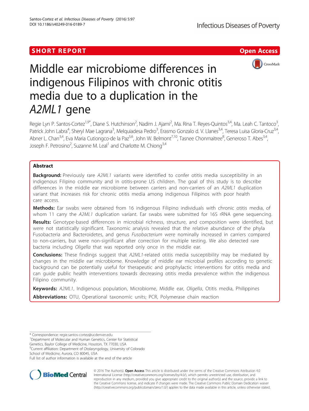 Middle Ear Microbiome Differences in Indigenous Filipinos with Chronic Otitis Media Due to a Duplication in the A2ML1 Gene Regie Lyn P