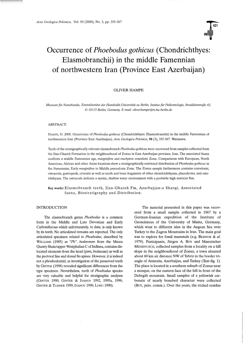 Occurrence of Phoebodus Gothicus (Chondrichthyes: Elasmobranchii) in the Middle Famennian of Northwestern Iran (Province East Azerbaij An)