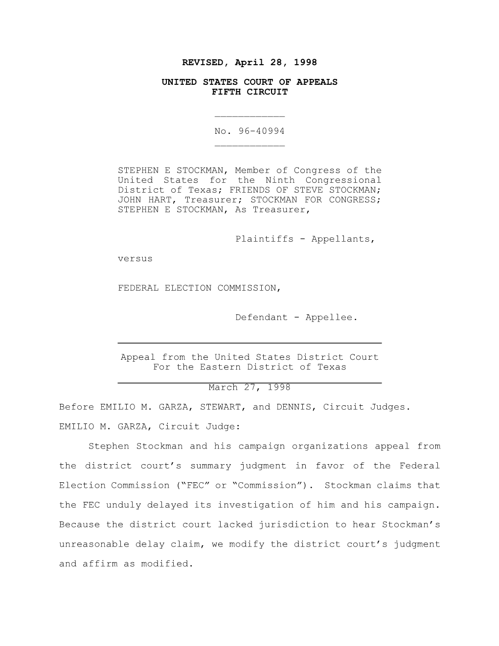 REVISED, April 28, 1998 UNITED STATES COURT of APPEALS FIFTH CIRCUIT ___No. 96-40994 ___STEPHEN E STOCKMAN