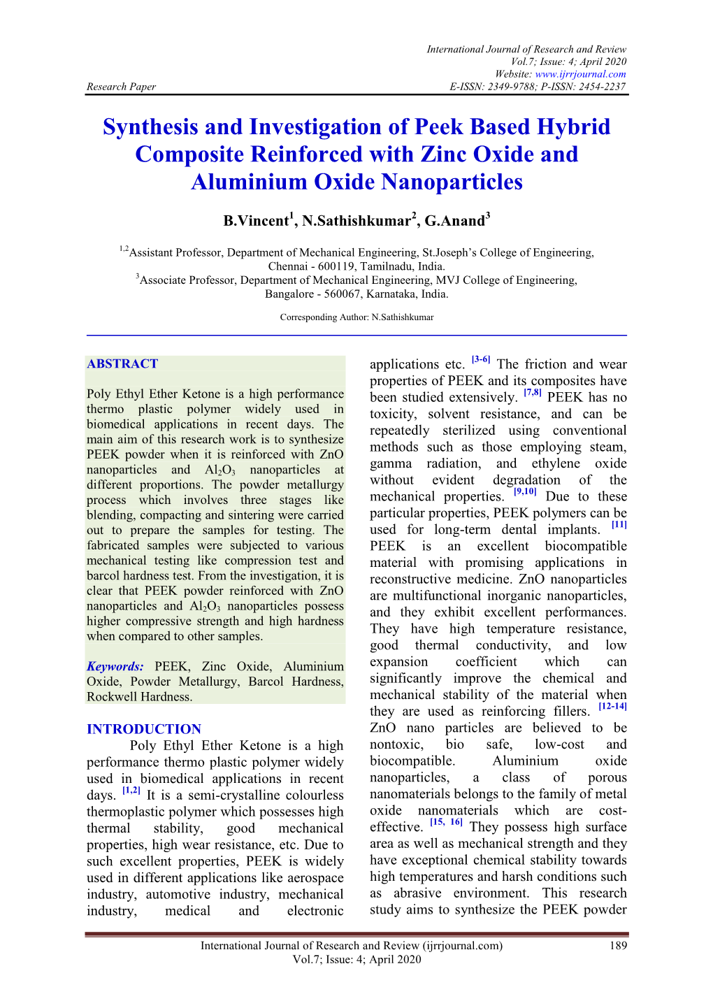 Synthesis and Investigation of Peek Based Hybrid Composite Reinforced with Zinc Oxide and Aluminium Oxide Nanoparticles