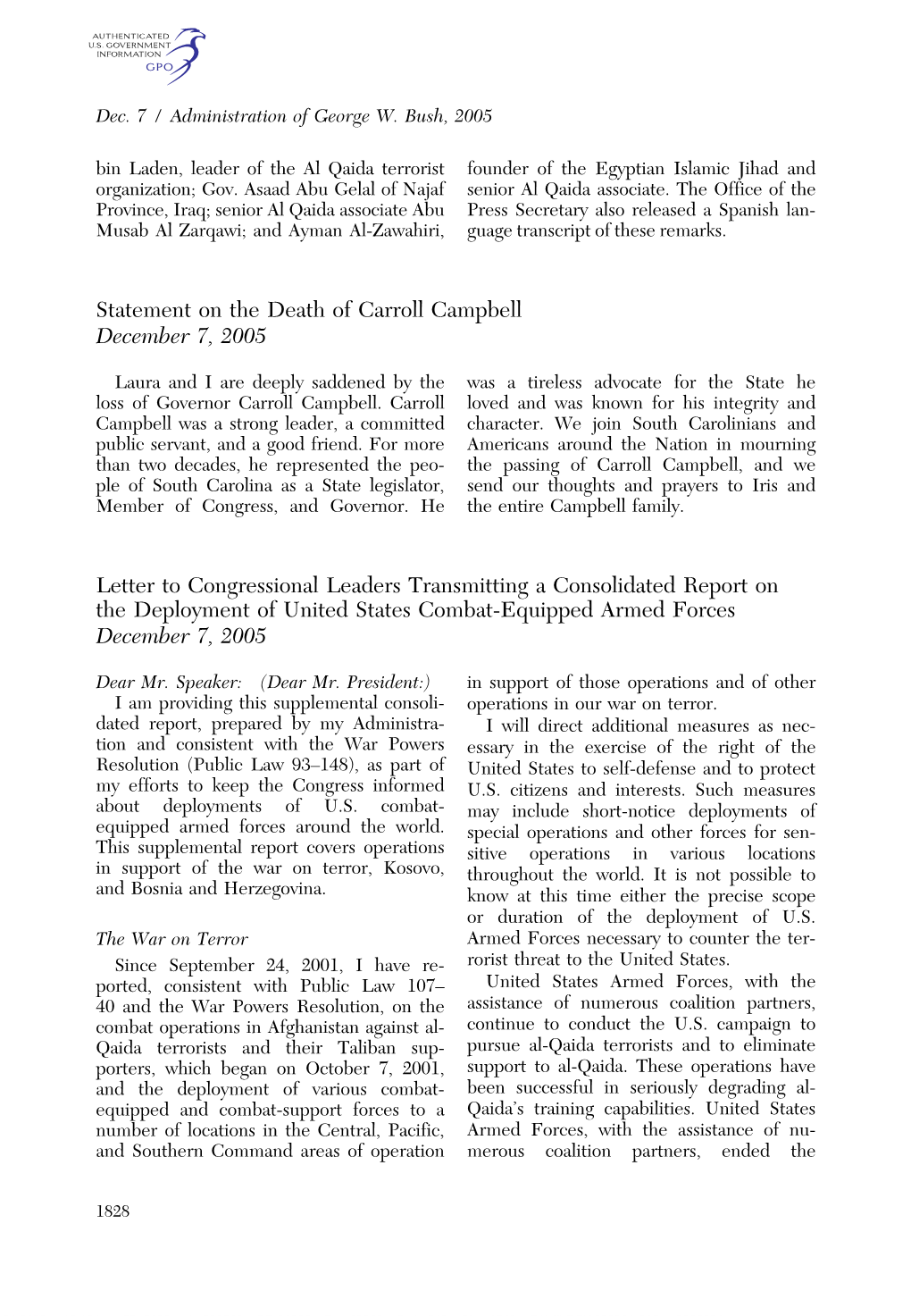 Statement on the Death of Carroll Campbell December 7, 2005 Letter