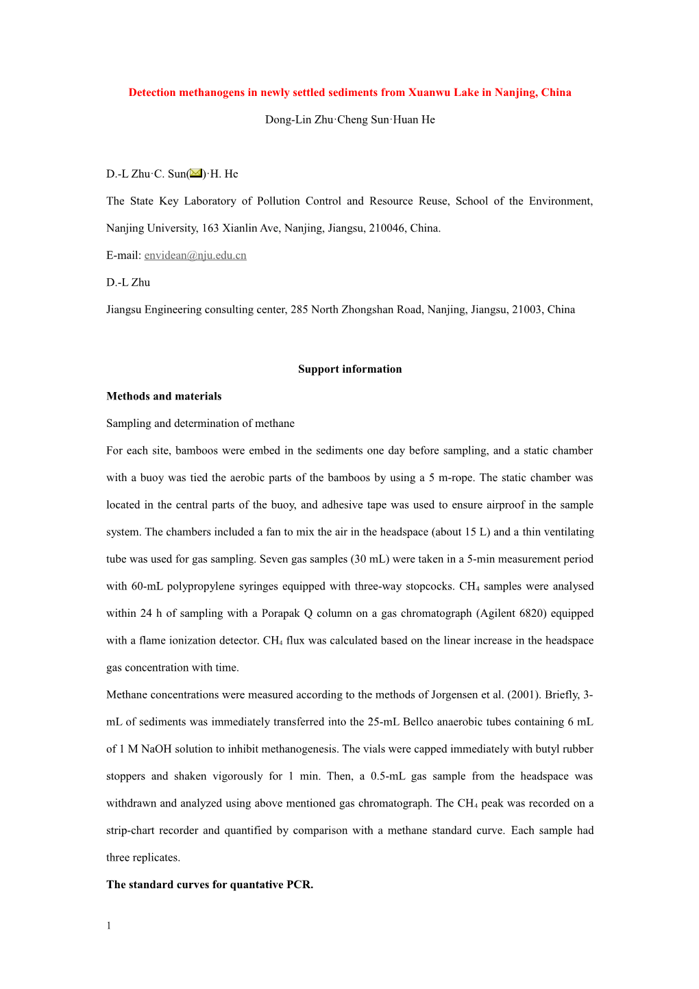 Detection Methanogens in Newly Settled Sediments from Xuanwu Lake in Nanjing, China