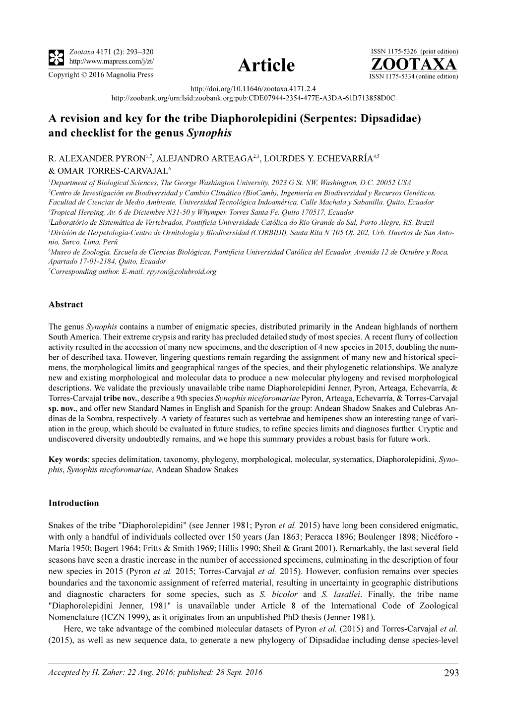 A Revision and Key for the Tribe Diaphorolepidini (Serpentes: Dipsadidae) and Checklist for the Genus Synophis