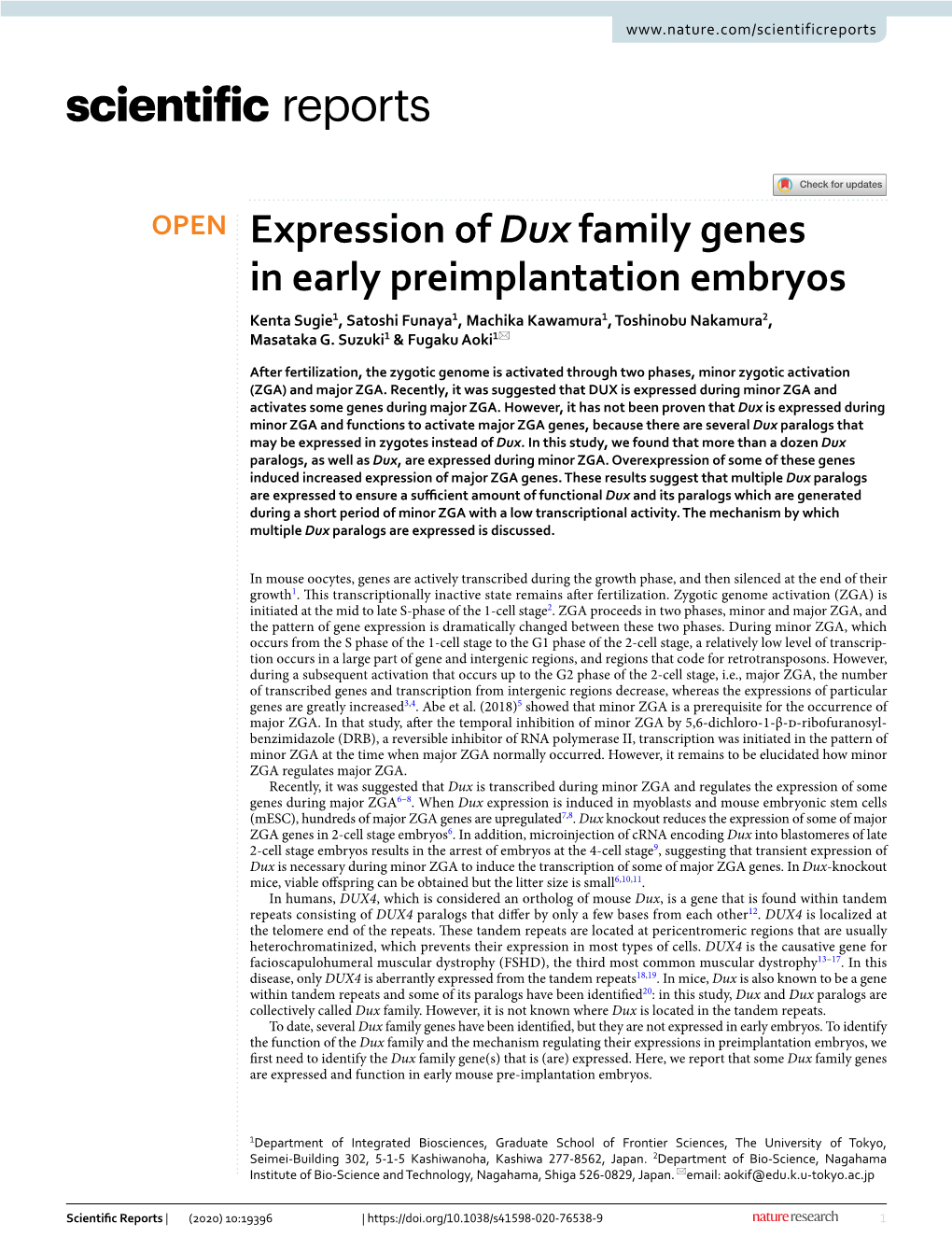 Expression of Dux Family Genes in Early Preimplantation Embryos Kenta Sugie1, Satoshi Funaya1, Machika Kawamura1, Toshinobu Nakamura2, Masataka G