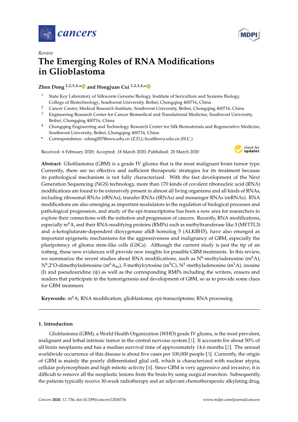 The Emerging Roles of RNA Modifications in Glioblastoma