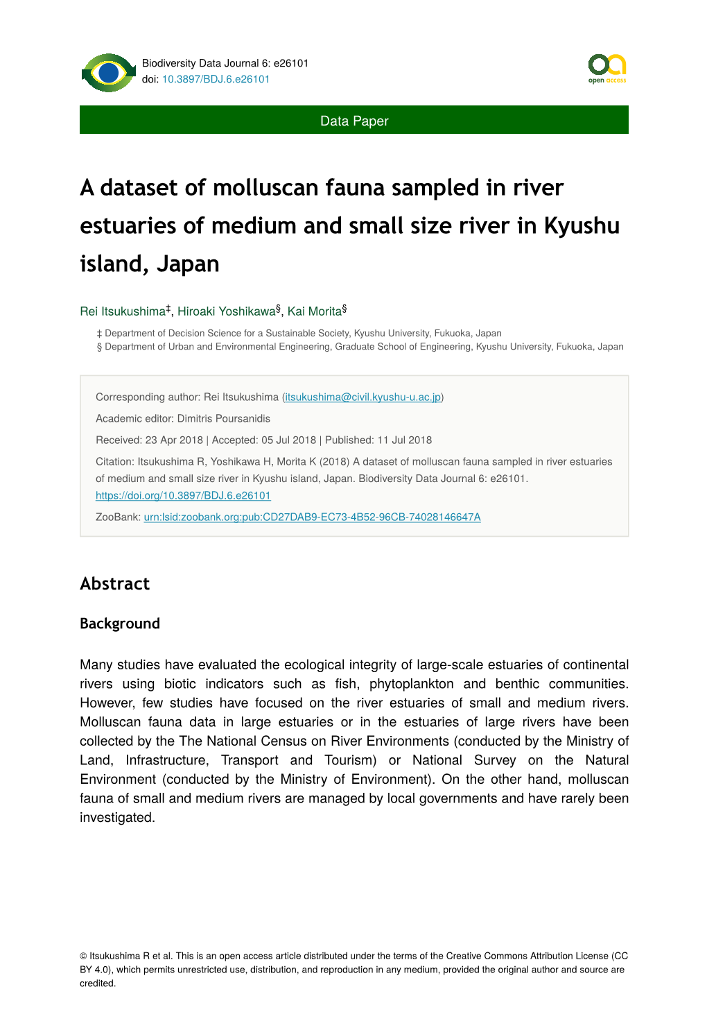 A Dataset of Molluscan Fauna Sampled in River Estuaries of Medium and Small Size River in Kyushu Island, Japan