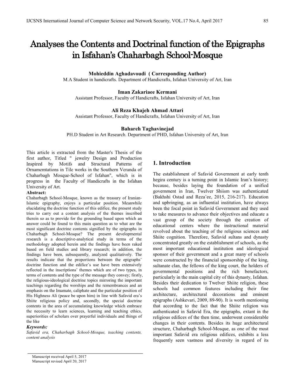 Analyses the Contents and Doctrinal Function of the Epigraphs in Isfahan's Chaharbagh School-Mosque