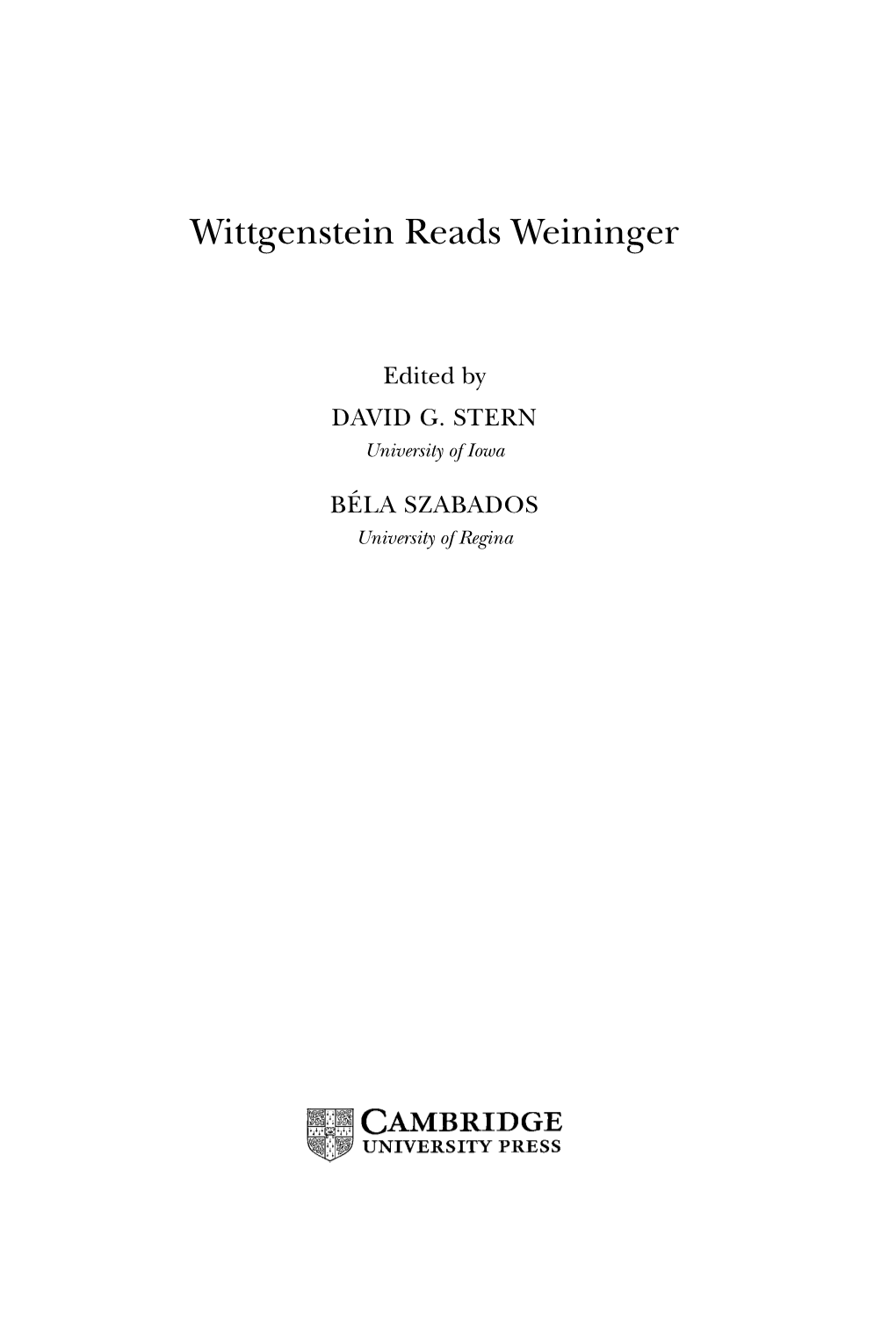 Wittgenstein Reads Weininger