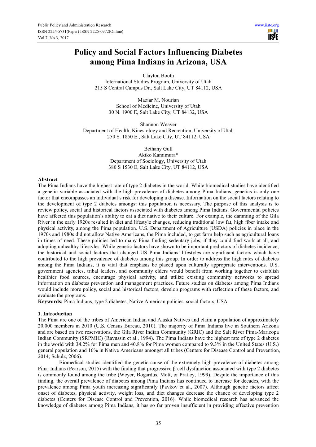 Policy and Social Factors Influencing Diabetes Among Pima Indians in Arizona, USA