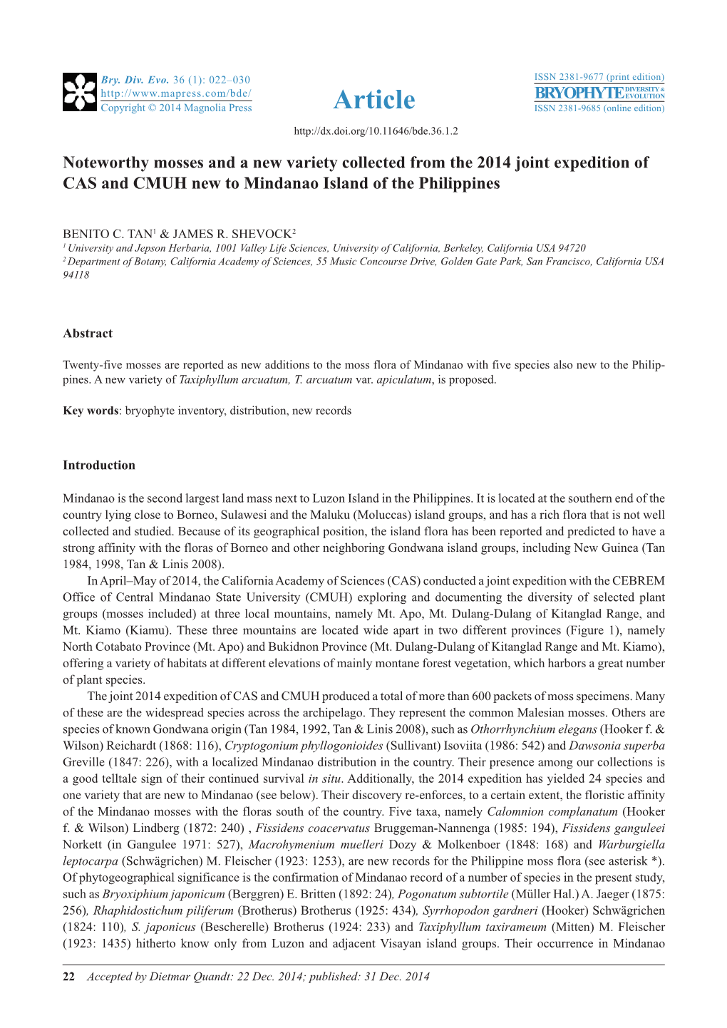 Noteworthy Mosses and a New Variety Collected from the 2014 Joint Expedition of CAS and CMUH New to Mindanao Island of the Philippines