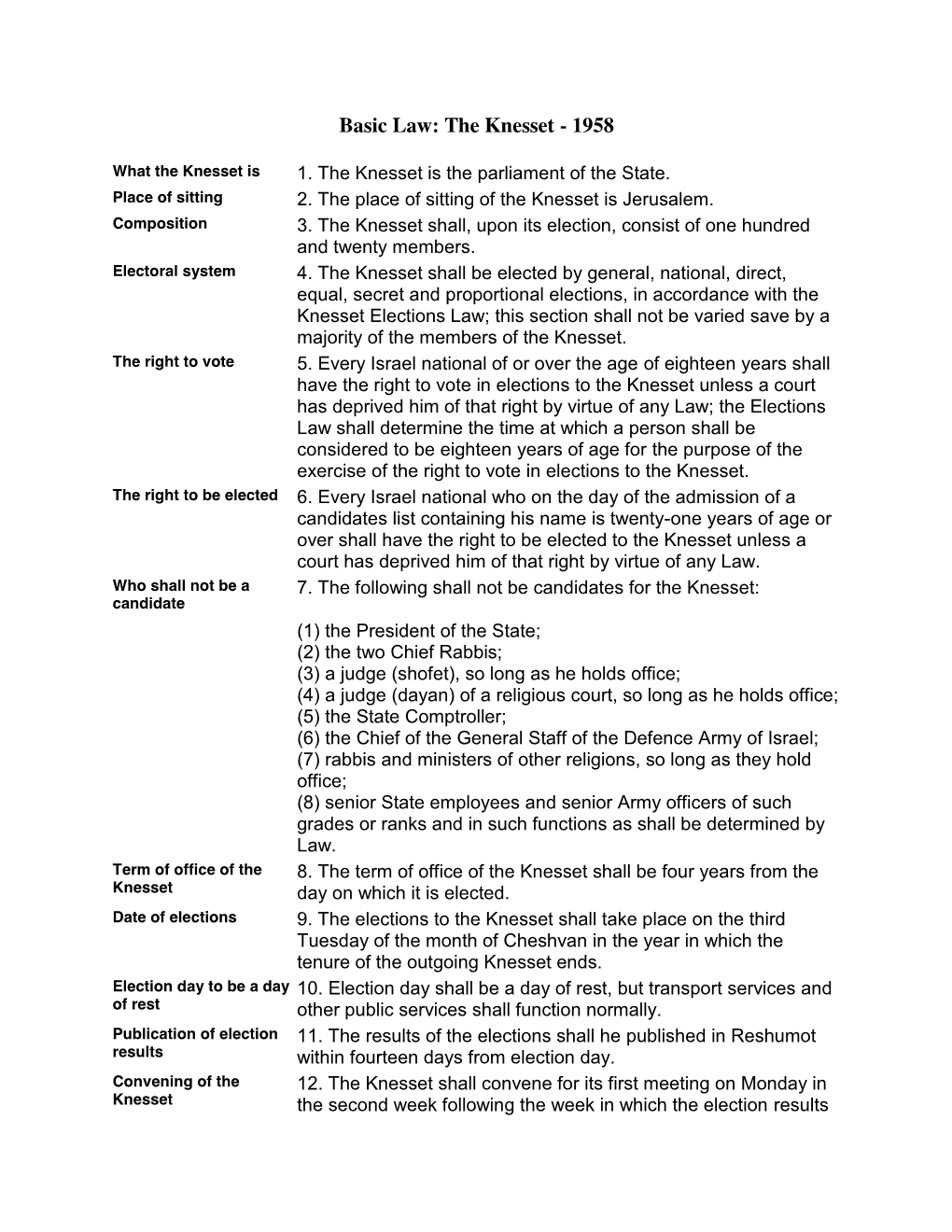 Israel : Basic Law the Knesset 1958