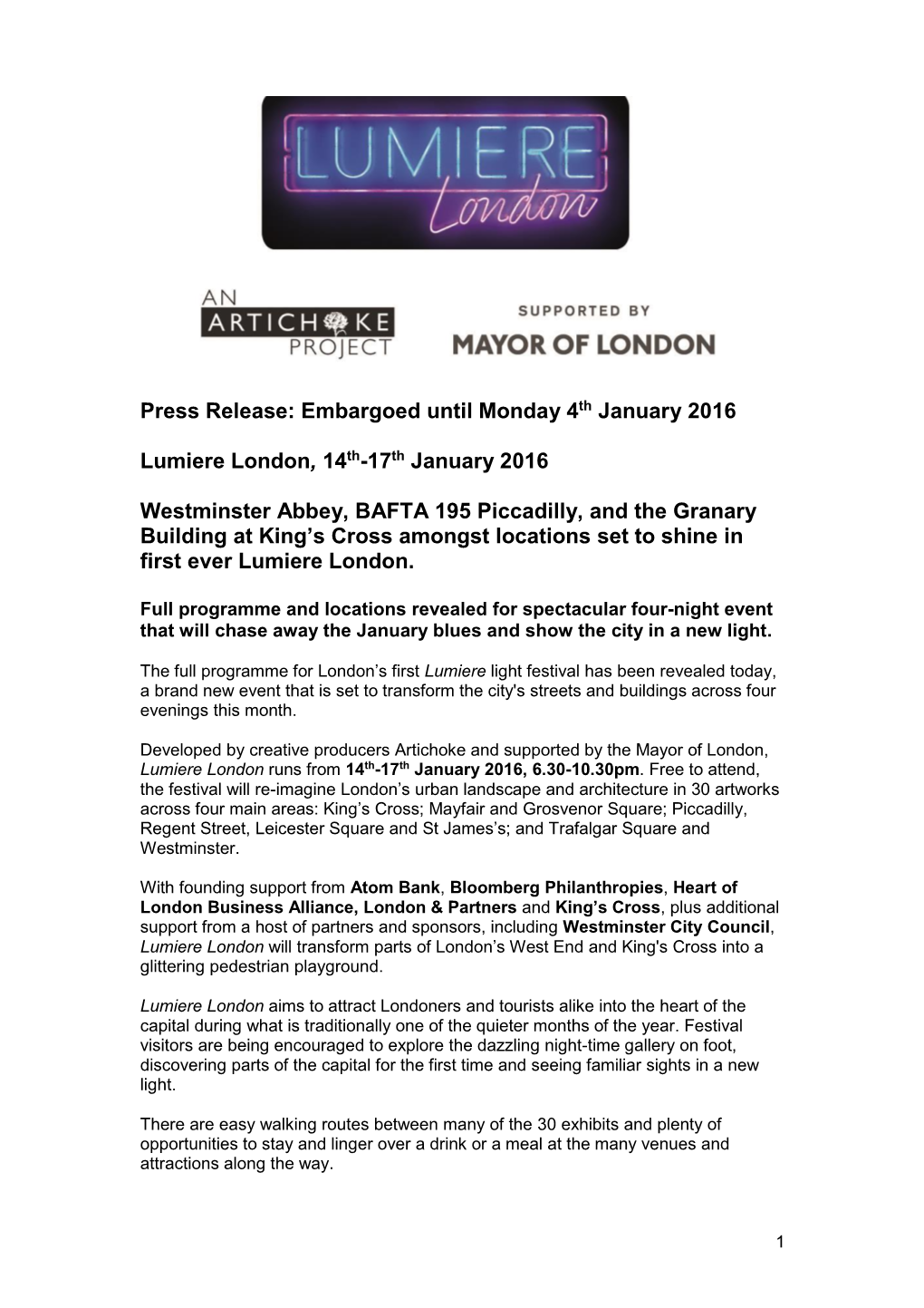 Embargoed Until Monday 4Th January 2016 Lumiere London, 14Th-17Th