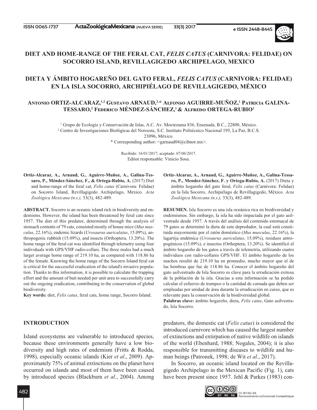 Diet and Home-Range of the Feral Cat, Felis Catus (Carnivora: Felidae) on Socorro Island, Revillagigedo Archipelago, Mexico