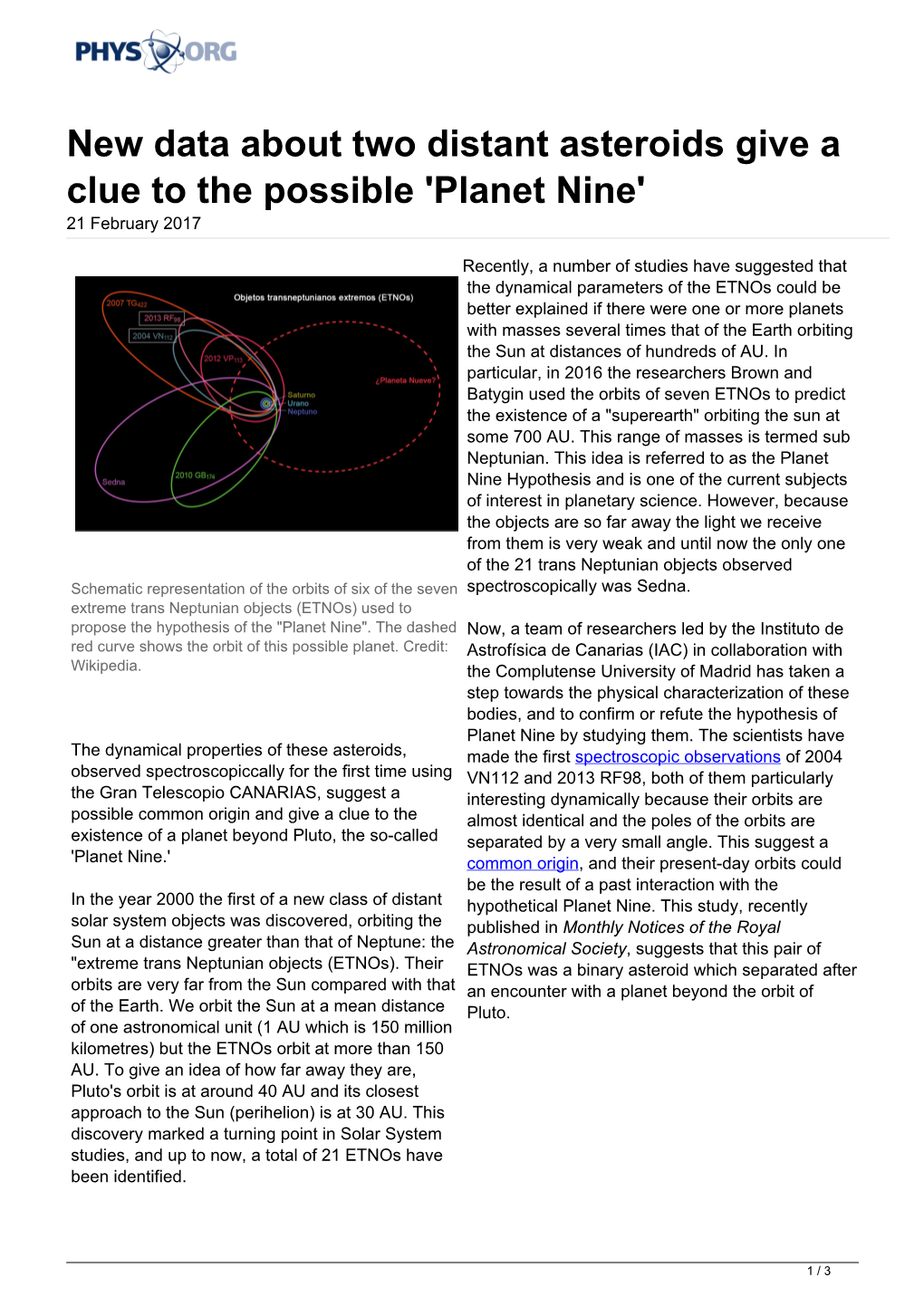 New Data About Two Distant Asteroids Give a Clue to the Possible 'Planet Nine' 21 February 2017