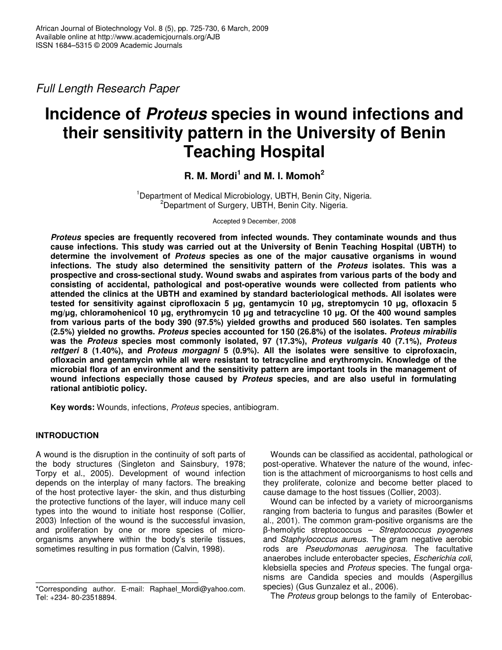 Incidence of Proteus Species in Wound Infections and Their Sensitivity Pattern in the University of Benin Teaching Hospital