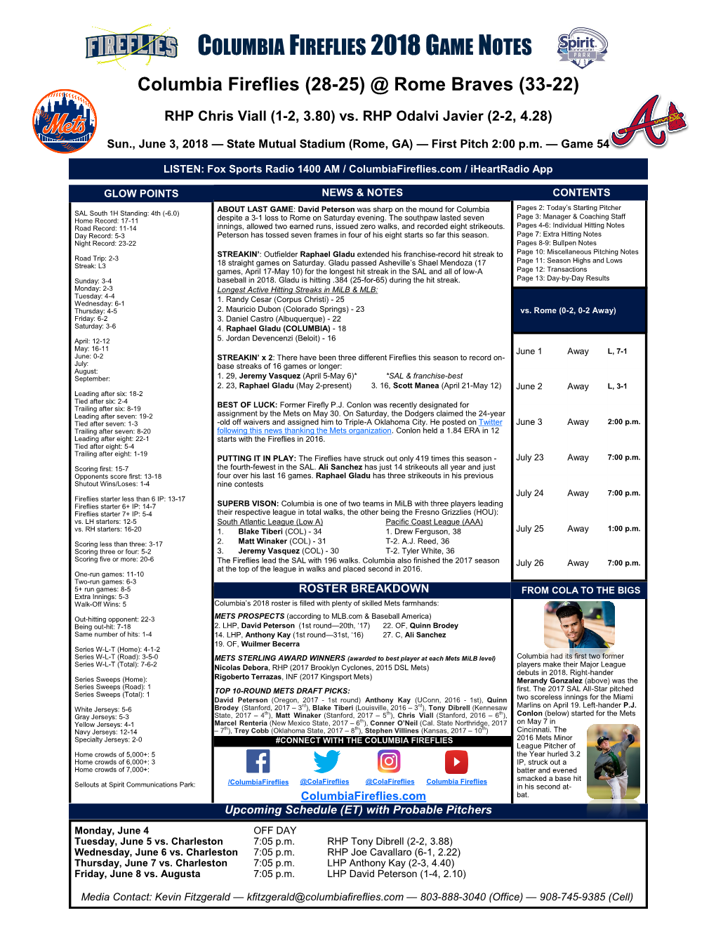 COLUMBIA FIREFLIES 2018 GAME NOTES Columbia Fireflies (28-25) @ Rome Braves (33-22)