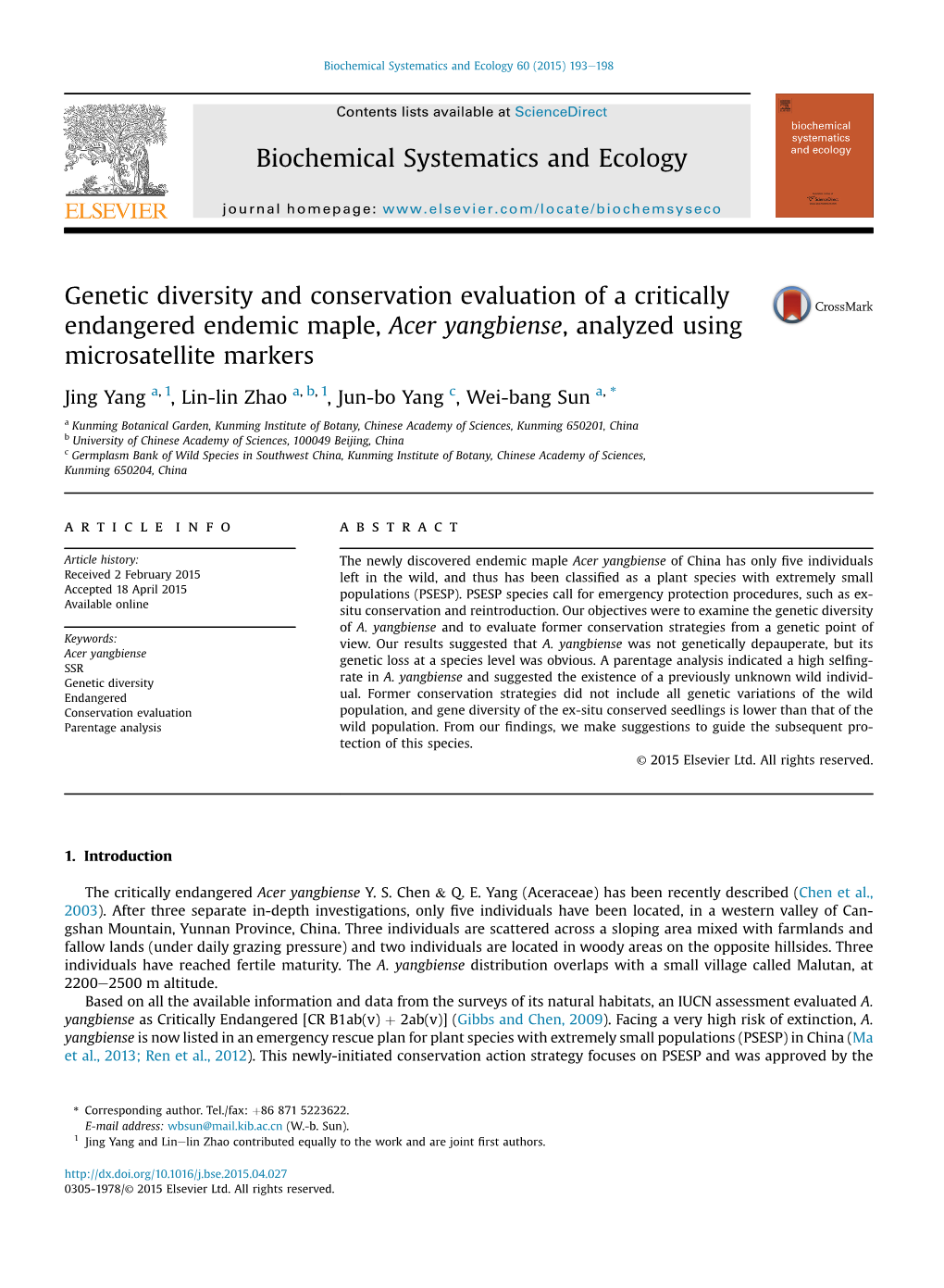 Genetic Diversity and Conservation Evaluation of a Critically Endangered Endemic Maple, Acer Yangbiense, Analyzed Using Microsatellite Markers