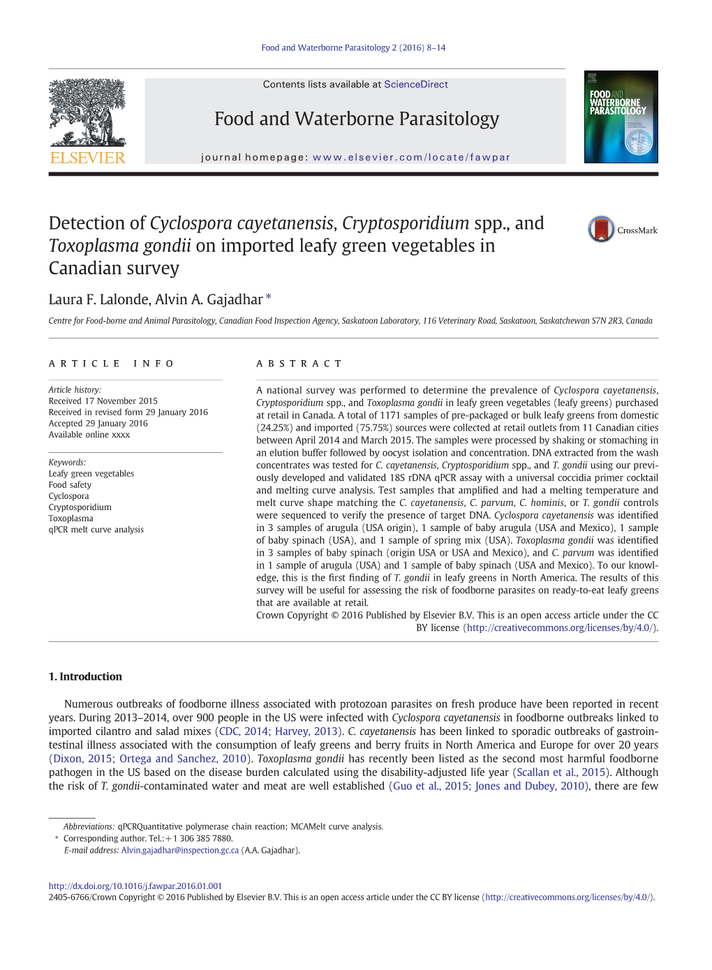 Detection of Cyclospora Cayetanensis, Cryptosporidium Spp., and Toxoplasma Gondii on Imported Leafy Green Vegetables in Canadian Survey