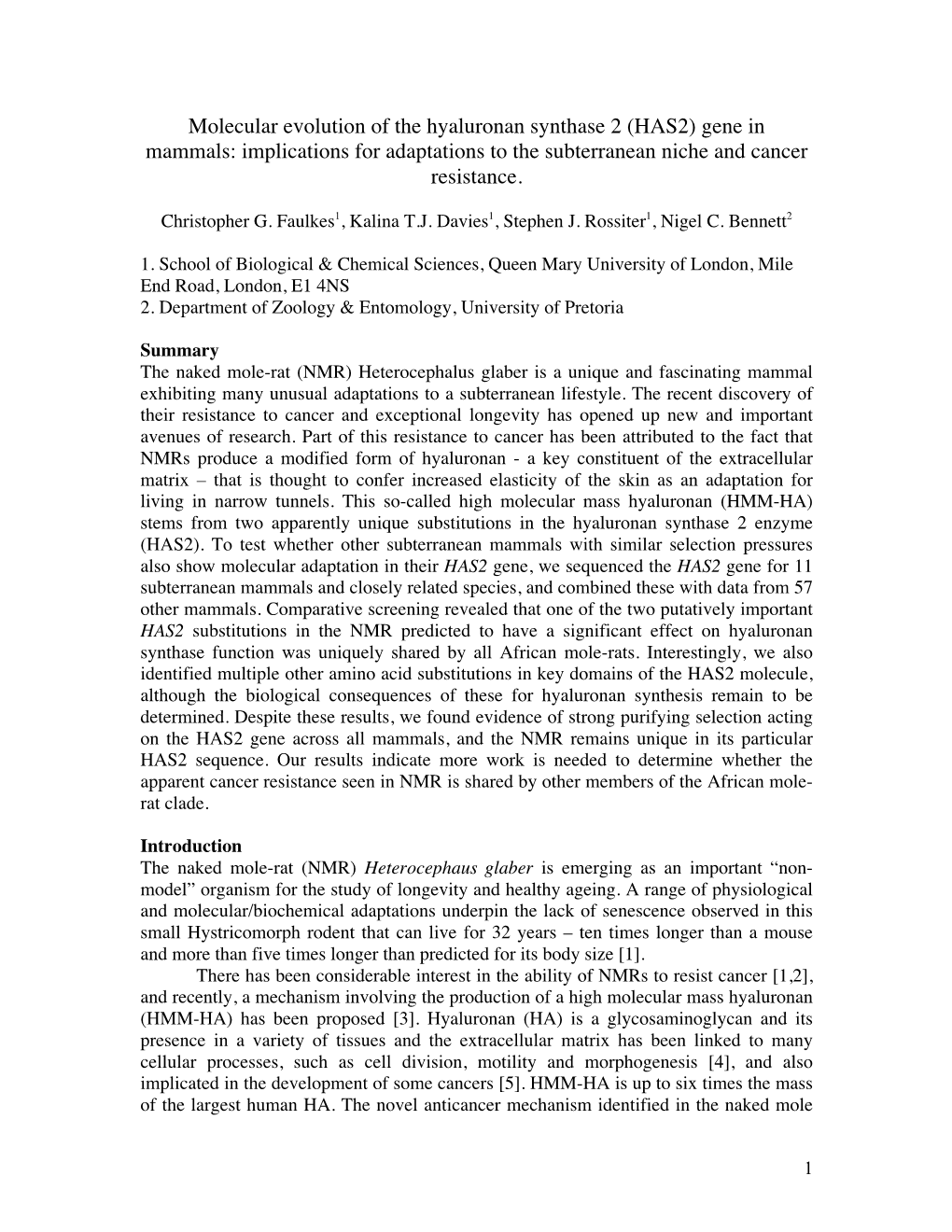 Molecular Evolution of the Hyaluronan Synthase 2 (HAS2) Gene in Mammals: Implications for Adaptations to the Subterranean Niche and Cancer Resistance