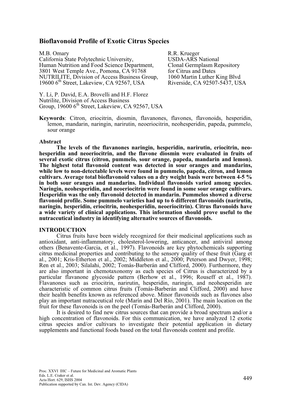 Bioflavonoid Profile of Exotic Citrus Species