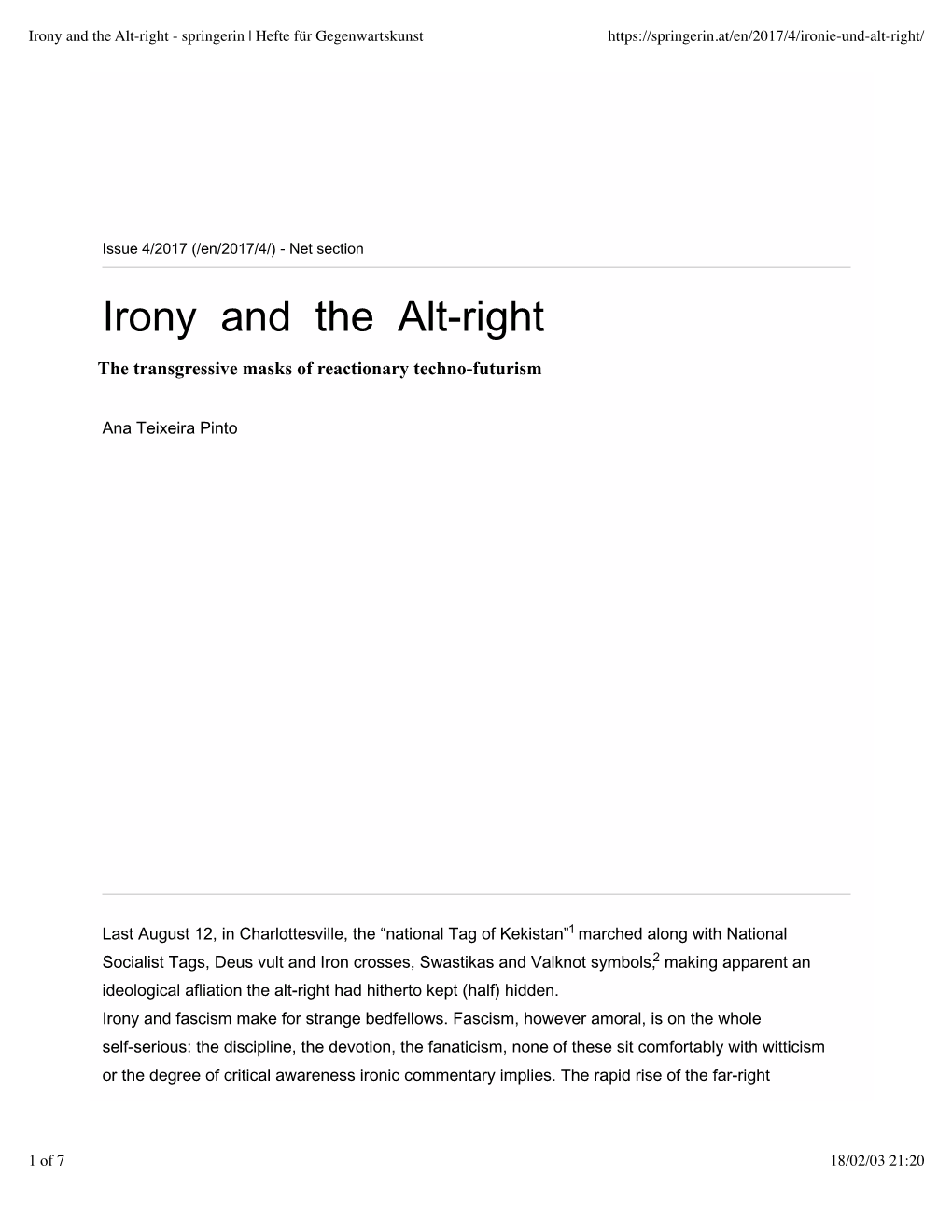 Irony and the Alt-Right - Springerin | Hefte Für Gegenwartskunst