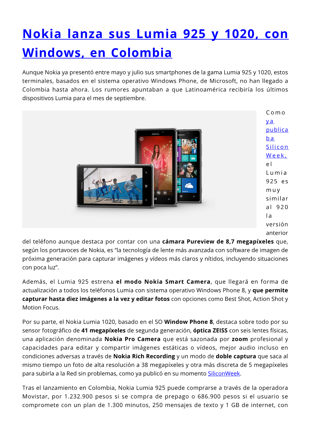 Nokia Lanza Sus Lumia 925 Y 1020, Con Windows, En Colombia