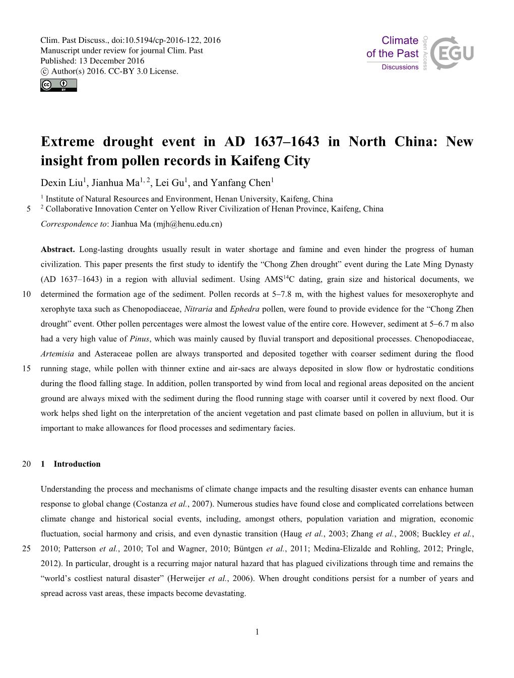 Extreme Drought Event in AD 1637‒1643 in North China