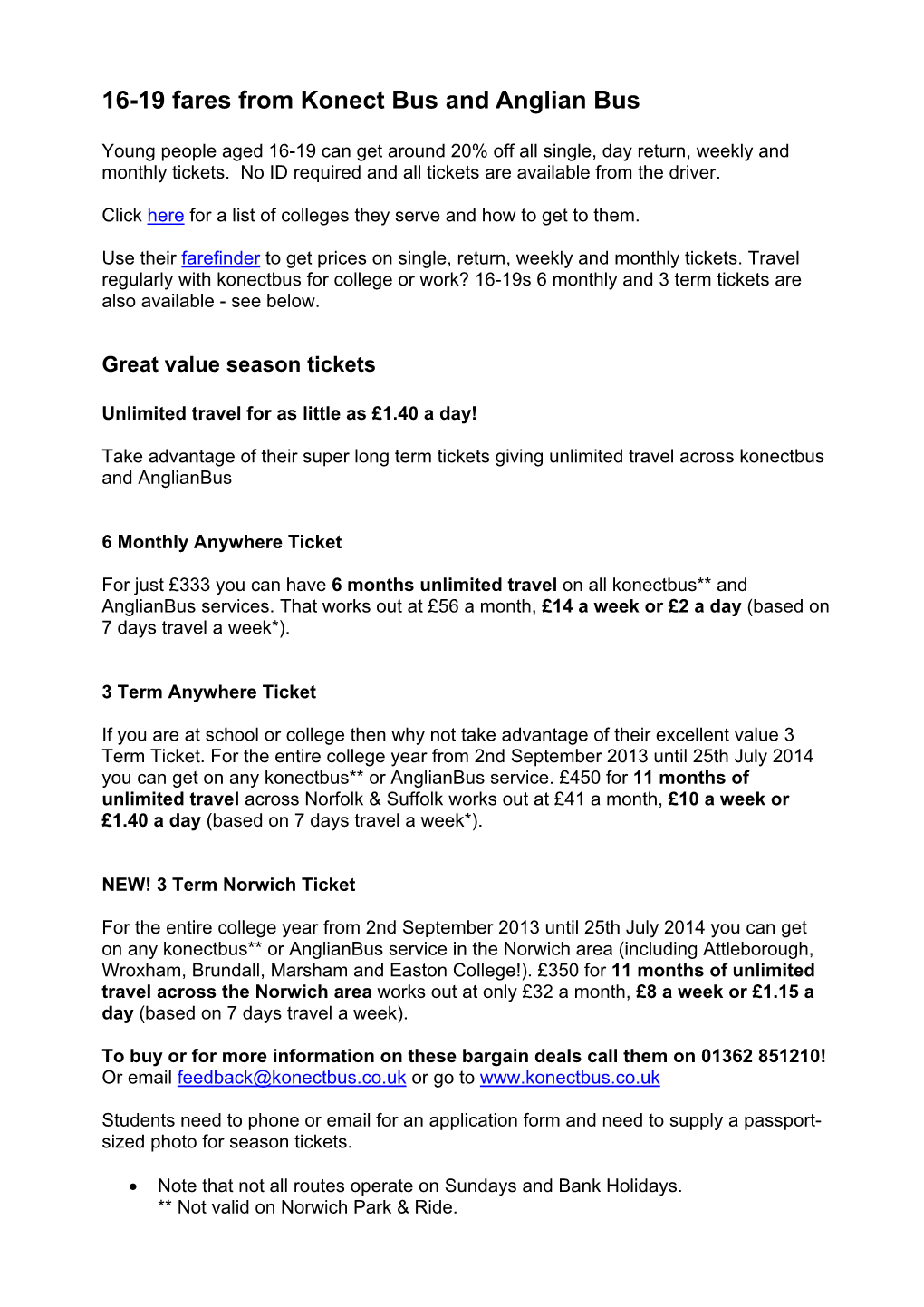 16-19 Fares from Konect Bus and Anglian Bus