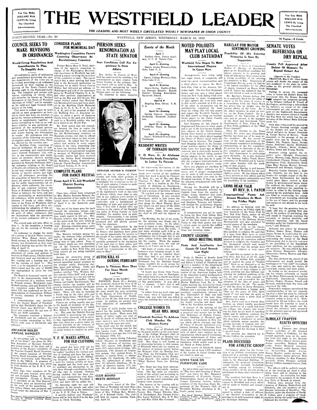 WESTFIELD LEADER the Cla.Nilied Advertisemenu the LEADING and MOST WIDELY CIRCULATED WEEKLY NEWSPAPER in UNION COUNTY .'OKTY-SECOND YEAR—No