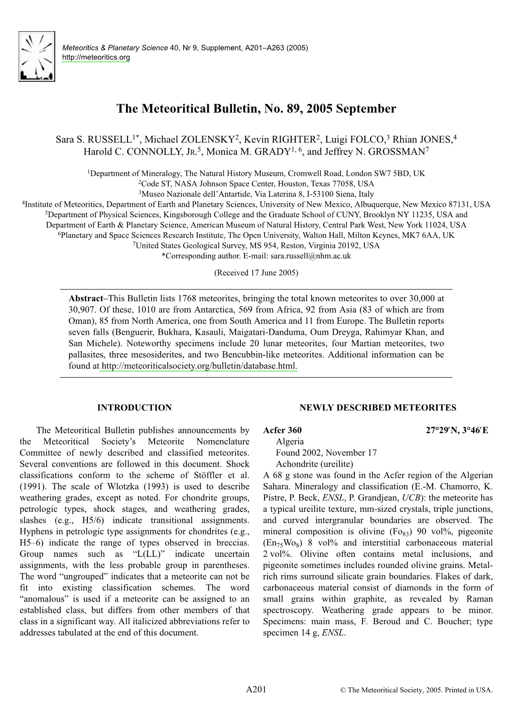 The Meteoritical Bulletin, No. 89, 2005 September