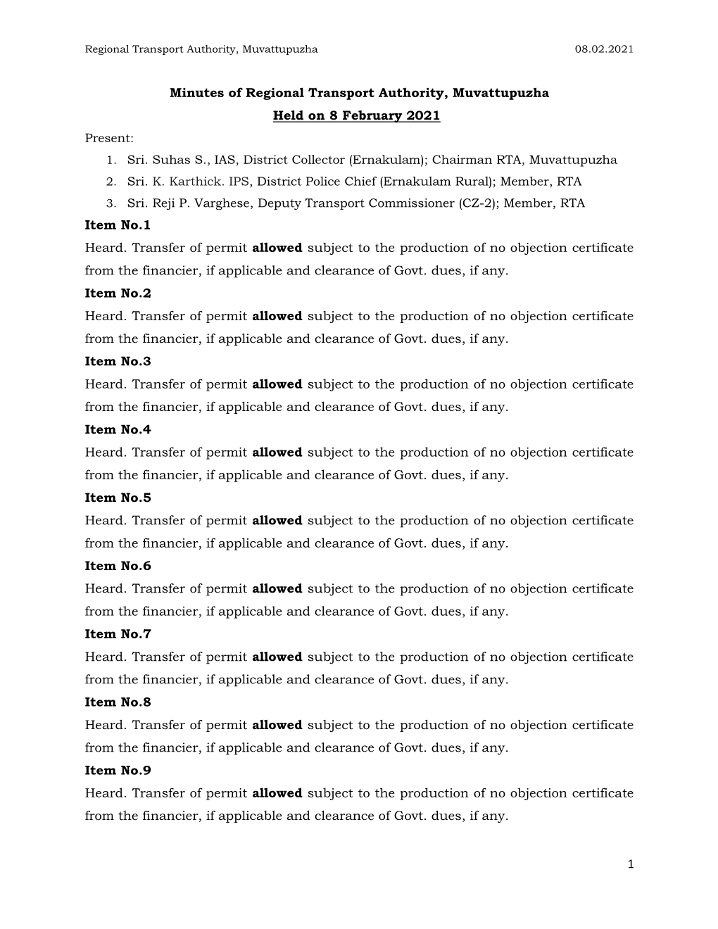 1 Minutes of Regional Transport Authority, Muvattupuzha Held on 8