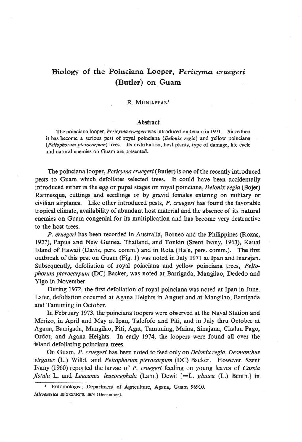Biology of the Poinciana Looper, Pericyma Cruegeri (Butler) on Guam