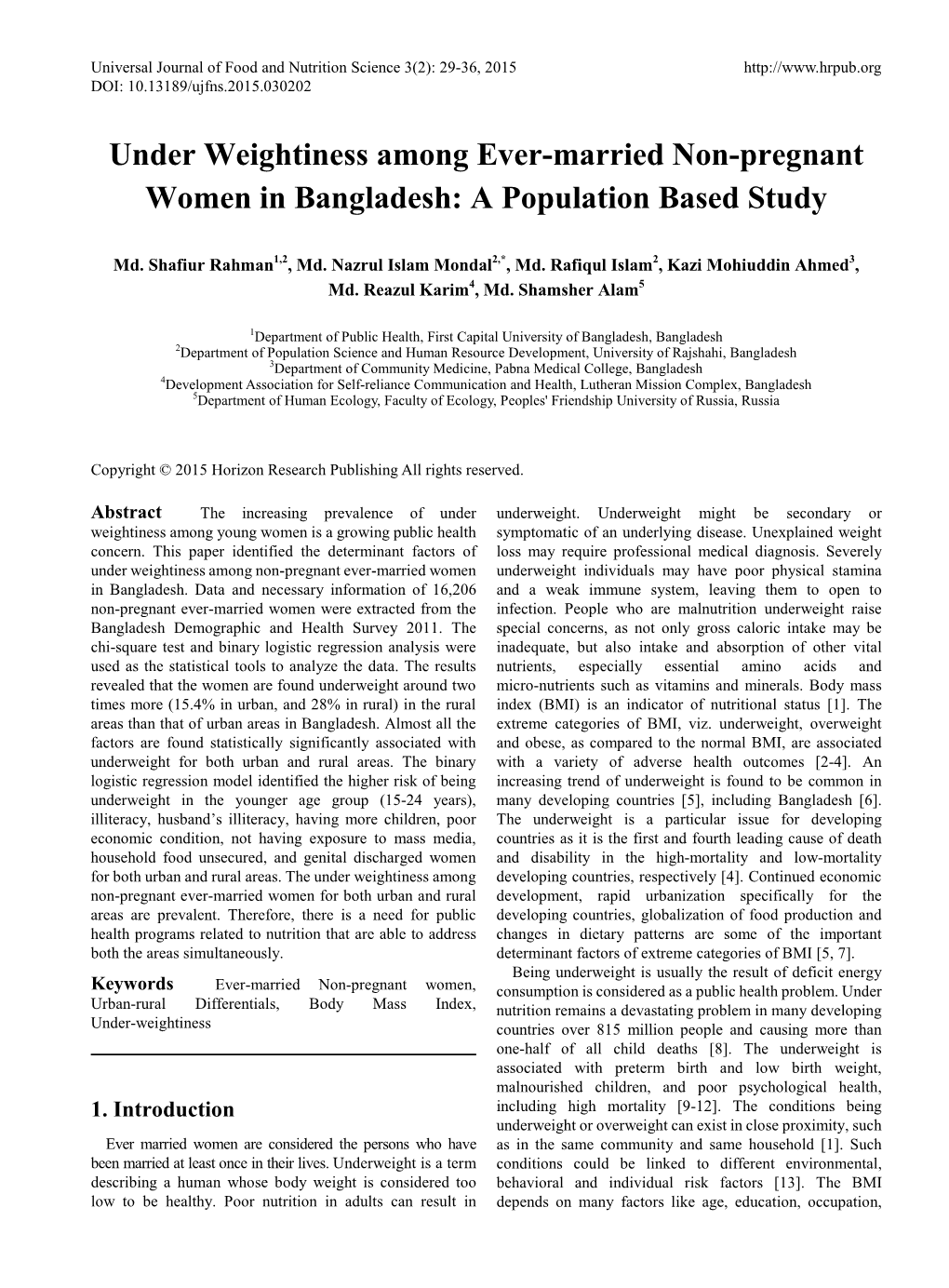 Under Weightiness Among Ever-Married Non-Pregnant Women in Bangladesh: a Population Based Study