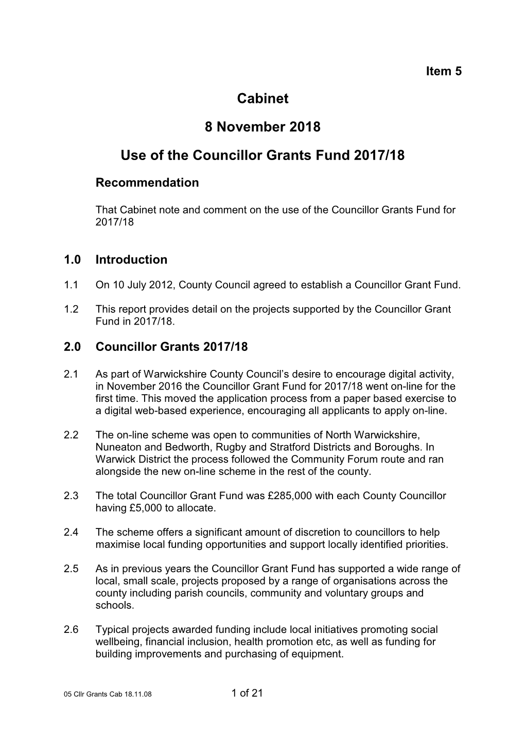 Cabinet 8 November 2018 Use of the Councillor Grants Fund 2017/18