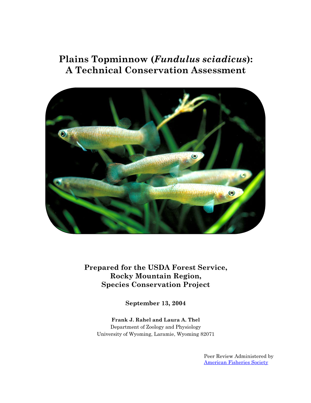 Plains Topminnow (Fundulus Sciadicus): a Technical Conservation Assessment