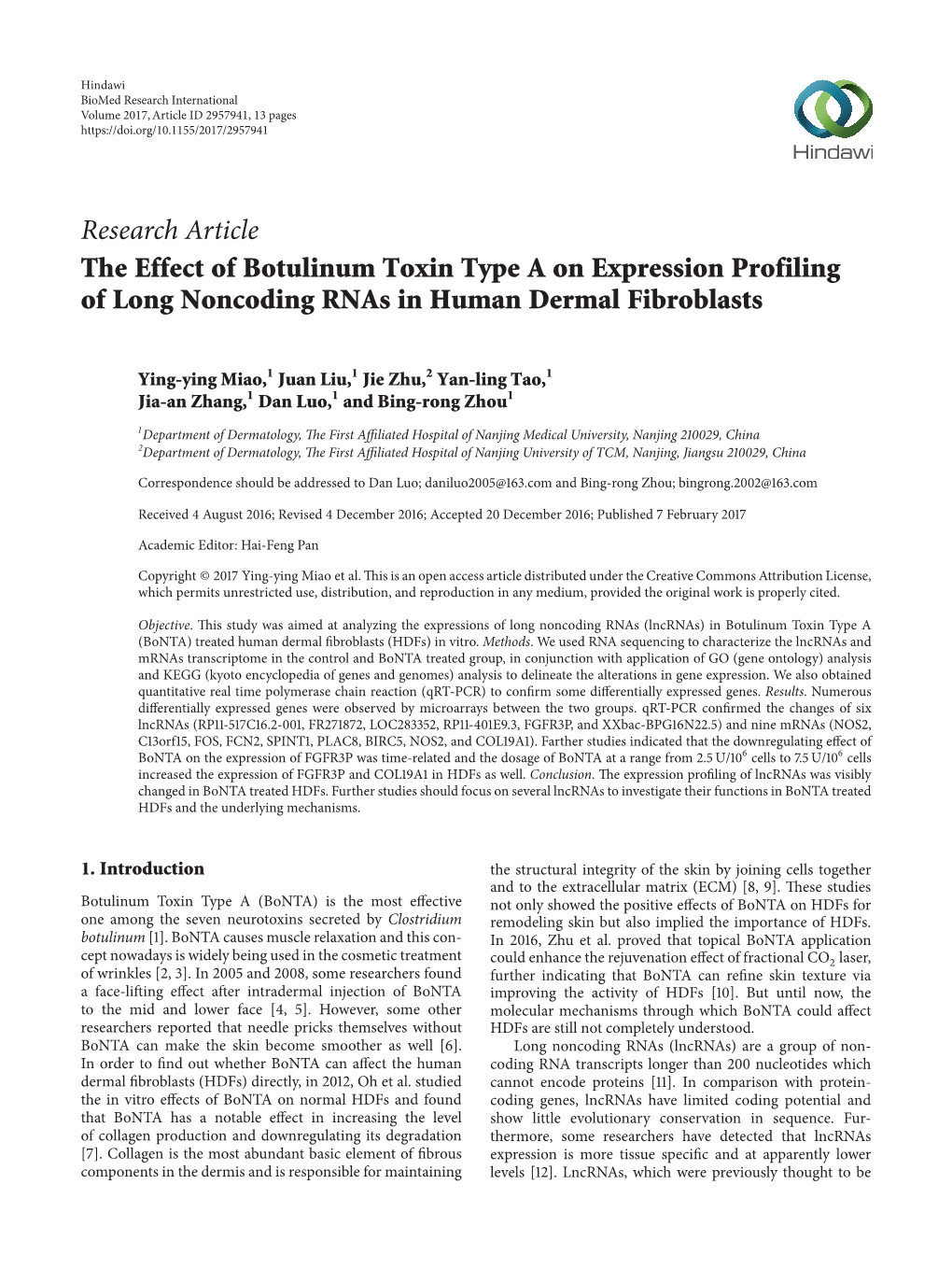 The Effect of Botulinum Toxin Type a on Expression Profiling of Long Noncoding Rnas in Human Dermal Fibroblasts