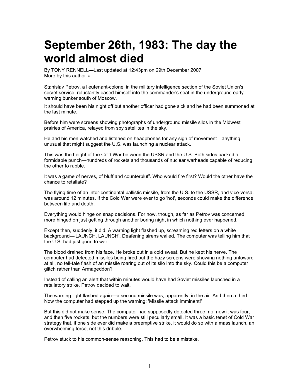 September 26Th, 1983: the Day the World Almost Died by TONY RENNELL—Last Updated at 12:43Pm on 29Th December 2007 More by This Author »