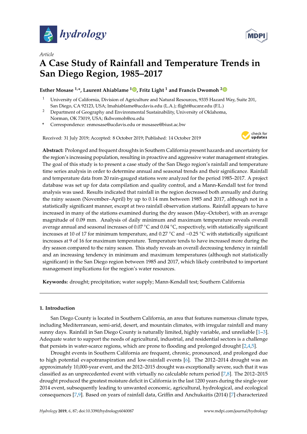 A Case Study of Rainfall and Temperature Trends in San Diego Region, 1985–2017