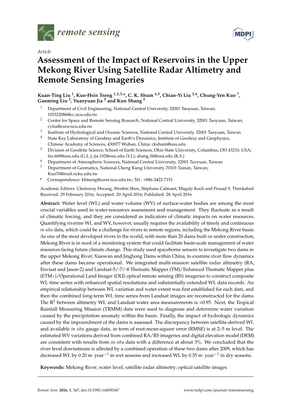 Assessment of the Impact of Reservoirs in the Upper Mekong River Using Satellite Radar Altimetry and Remote Sensing Imageries