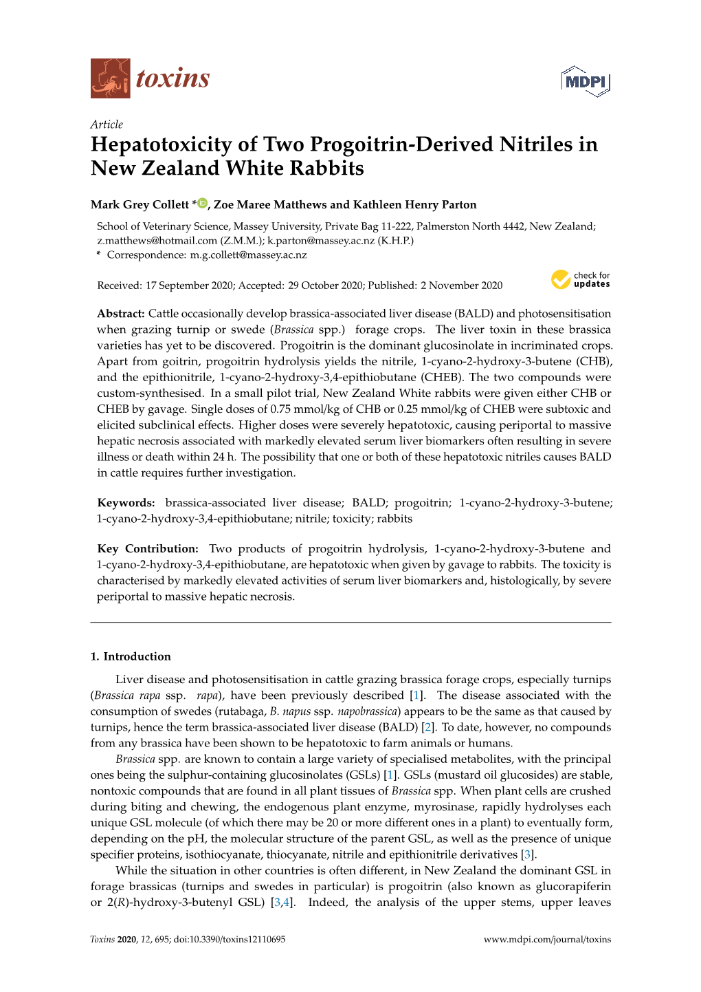Hepatotoxicity of Two Progoitrin-Derived Nitriles in New Zealand White Rabbits