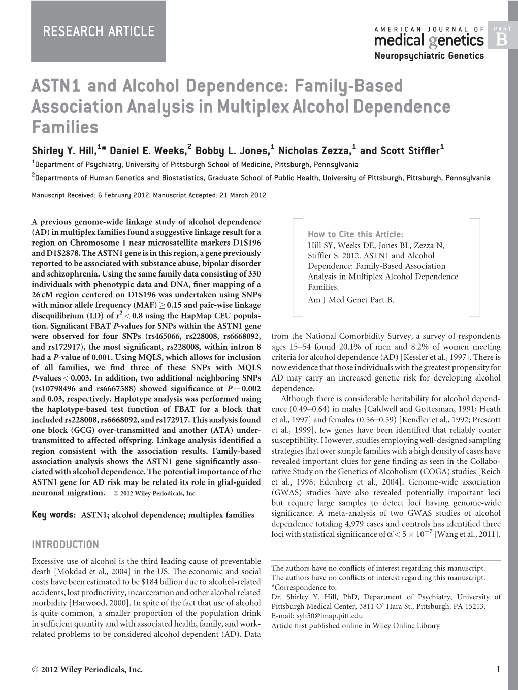 ASTN1 and Alcohol Dependence: Family-Based Association Analysis in Multiplex Alcohol Dependence Families Shirley Y