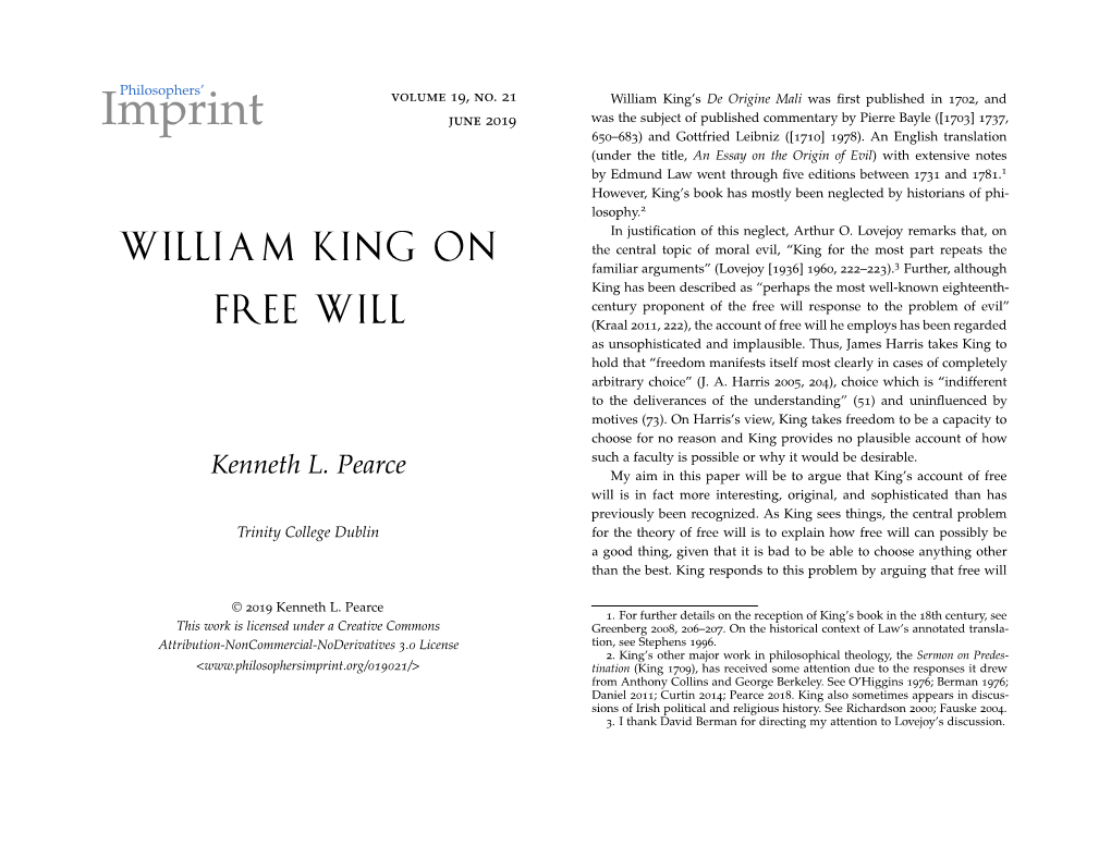William King on Free Will Consists in a Faculty of Election Whereby We Bestow Value on Objects