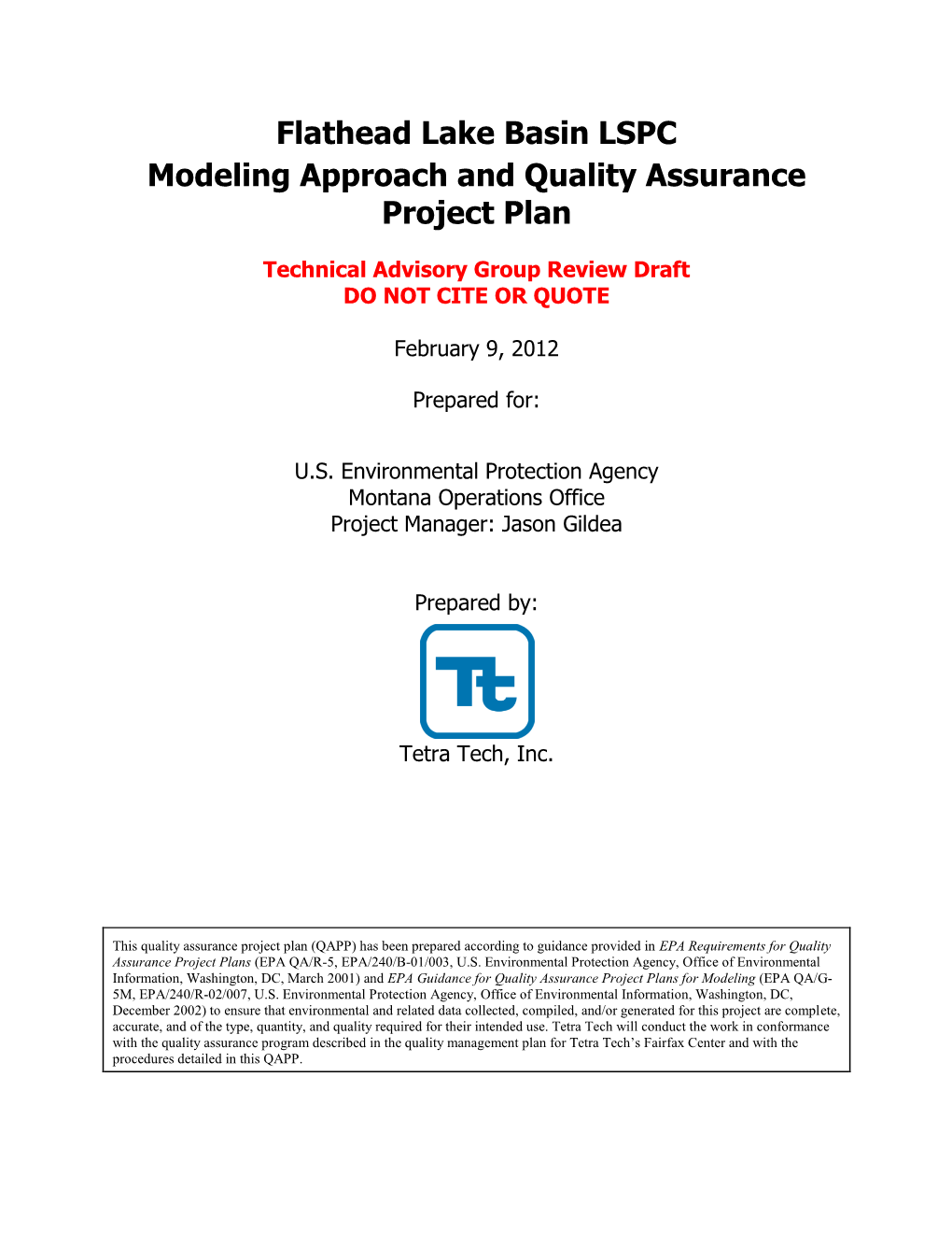 Modeling Approach and Quality Assurance Project Plan, Flathead