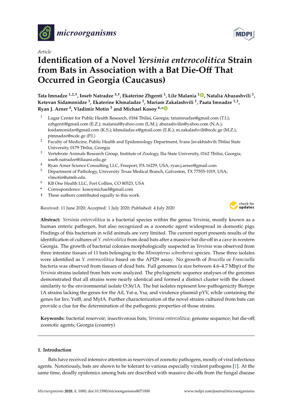 Identification of a Novel Yersinia Enterocolitica Strain from Bats in Association with a Bat Die-Off That Occurred in Georgia