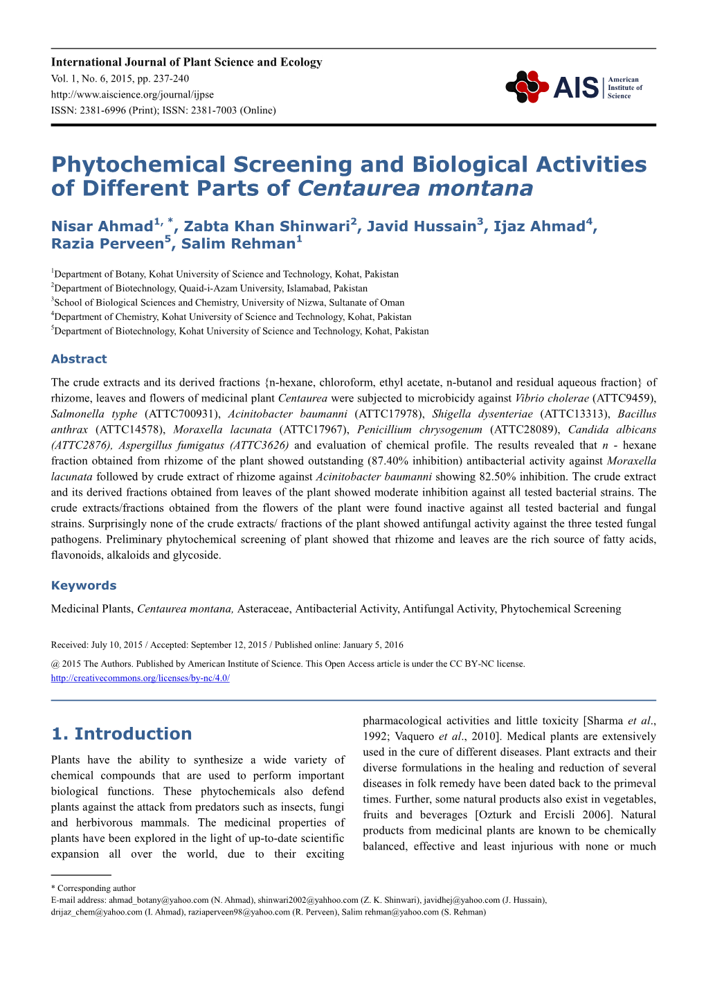 Phytochemical Screening and Biological Activities of Different Parts of Centaurea Montana