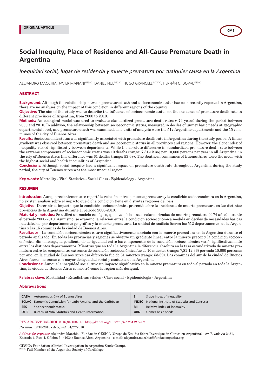 Social Inequity, Place of Residence and All-Cause Premature Death in Argentina