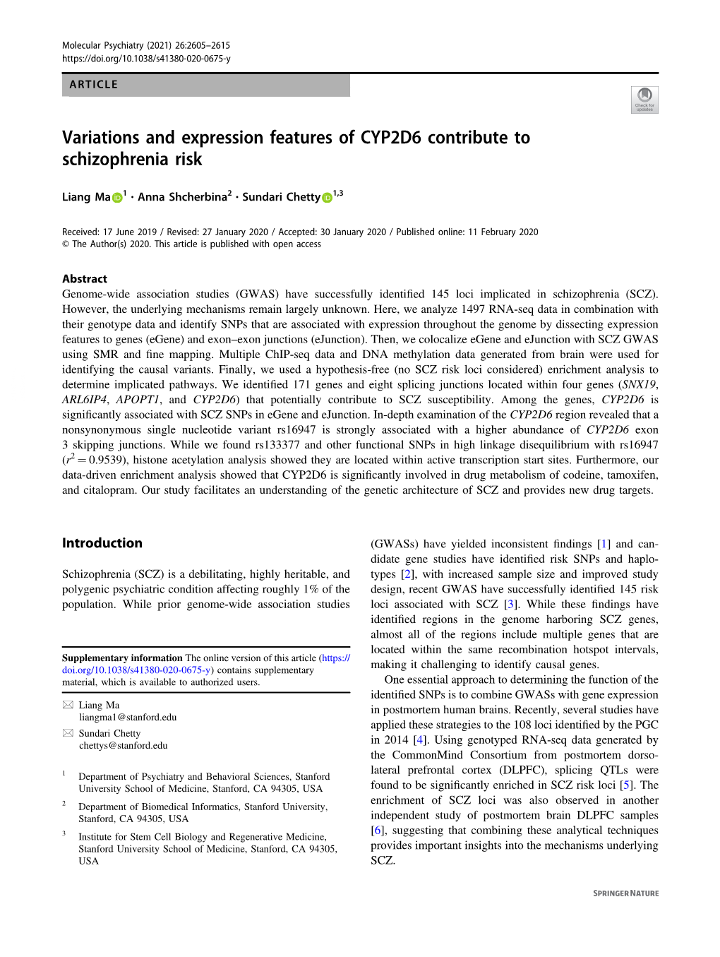 Variations and Expression Features of CYP2D6 Contribute to Schizophrenia Risk