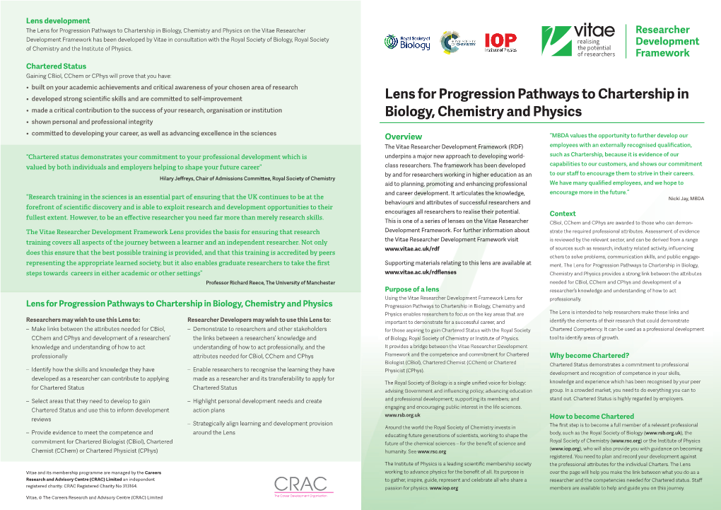 Lens for Progression Pathways to Chartership in Biology, Chemistry and Physics