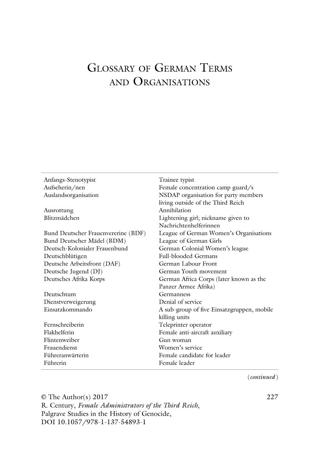 Female Administrators of the Third Reich, Palgrave Studies in the History of Genocide, DOI 10.1057/978-1-137-54893-1 228 GLOSSARY of GERMAN TERMS and ORGANISATIONS